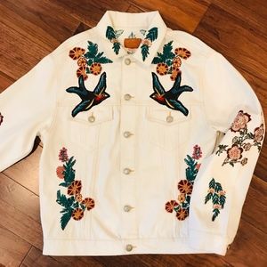 ZARA embroidered cream jean jacket.